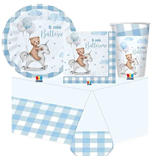irpot kit n.16 per 32 persone battesimo teddy bear celeste bambino decorazioni piatti carta piatti dessert bicchieri tovaglioli azzurro party festa battezzo bimbo pastello scacchi