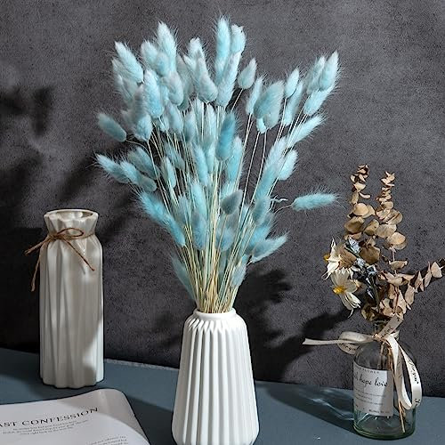 120 x Getrocknete Pampasgras Pampas Deko Trockenblumen Trockenblumenstrauß Natürliche Blumendekoration Gräser für Hochzeit Innendekoration Schlafzimmer Wohnzimmer (Hellblau)