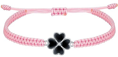 J.Endéar Kleeblatt Armband für Damen Mädchen Silber 925 Vierblättriger Glücksbringer mit Klee Schmuck handgefertigt Geflochtene Kordel Armband Verstellbares Geschenk, Rosa