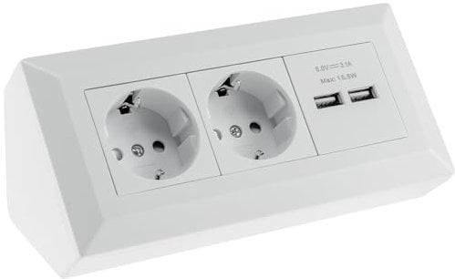 ChiliTec Bloc multiprise d'angle 2 prises 230 V USB-A 3,1 A pour cuisine, bureau, atelier, blanc mat