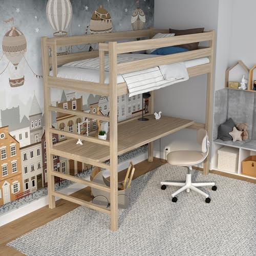 N-wood N01 Hochbett mit Schreibtisch, Etagenbett 90x180 cm, aus Eichenholz, 2 Leitermontageseiten, Stabile Massivholzkonstruktion, inklusive Lattenrost, Skandinavischer Stil, gebleichtes Eichenholz