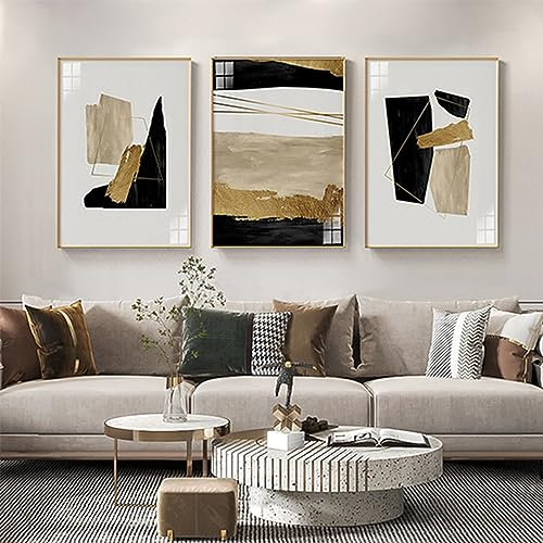 HEHGVCF Wandbilder Wohnzimmer 3er Set,Schwarz Beige Gold Leinwand Bilder,Poster Set Marmor,Abstrakte Kunstposter,Wandbilder Wohnzimmer Deko Schlafzimmer,Ohne Rahmen (C,40x60cm)