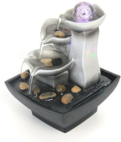 Tuzsocr Fontaine d’Intérieur Cascade,Fontaine de Table avec Boule roulante,3 Niveaux pour Ornement Fontaine,Jeu d’Eau en Métal avec Pompe,Zen Relaxante Lumière LED Coloré,pour Bureau,Salon (Style 2)