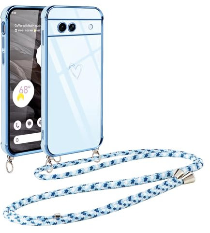 Vauki handyband für Google Pixel 7a Hülle mit Band, Handyhülle mit Kette, Herz Motiv, Ultra Dünn Stoßfeste Aesthetic Case mit Kordel zum Umhängen für Pixel 7a 6.1 Zoll, Blau