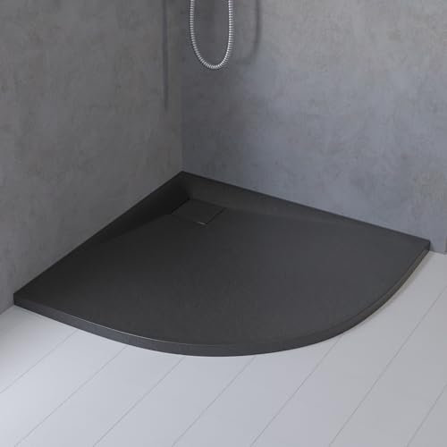 BADLAND Duschwanne 90x90x3,2 VIDAR Schwarz Verbundwerkstoff Duschtasse Viertelkreis, Steinoptik, mit Ablaufgarnitur Ø 90 mm