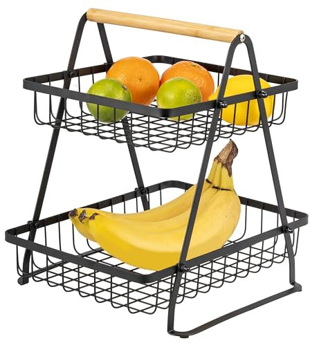 eluno 2-stöckige Obstetagere, praktische dekorative Etagere, Moderne Obstschale, Obstkorb aus schwarzem Metall und Bambus für Obst, Gemüse, Brot und Snacks ca. 30 x 32 x 27 cm
