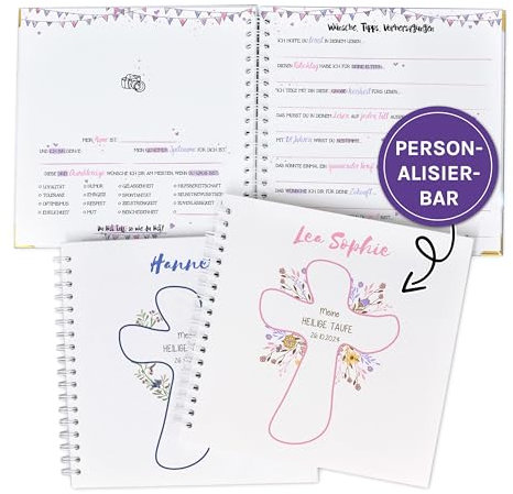 Gästebuch zur Taufe mit vorgedruckten Fragen zum Ausfüllen für die Gäste als Erinnerung, mit Name und Datum personalisierbares Erinnerungsalbum, Taufgeschenk, Kreuzsymbol