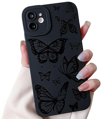 Finyosee Compatible with iPhone 12 Mini 5.4inch Case,Cute Butterfly Cool Black Solid Design,Soft Silicone Slim Thin Girly Phone Case Protective Shockproof Cover for Women Girls-Butterfly