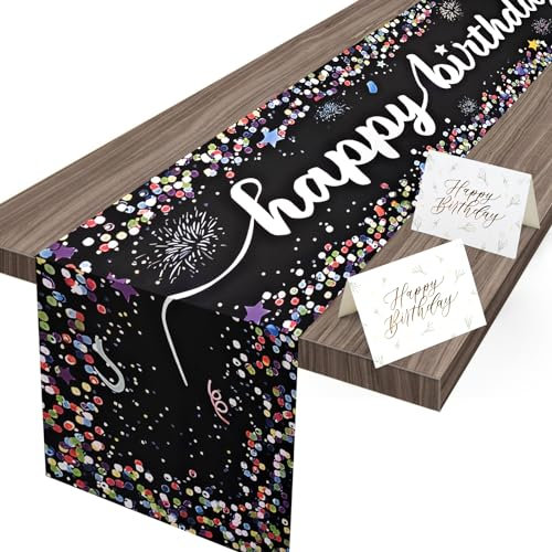WuGU Tischläufer Geburtstag, Bunt Tischläufer Abwaschbar, Happy Birthday Tischdecke mit 10 Einladungen zum Geburtstag Tischdekoration für Kinder Geburtstag Party Dekoration-180x35 cm (Schwarz)