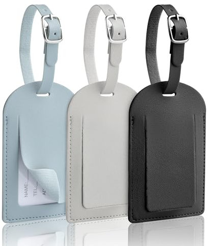 AiQInu Lot de 3 Etiquette Valise en PU, Étiquette Bagage avec Boucle Réglable, Porte Etiquette Valise Cuir Inscriptible Nom Adresse, Luggage Tag pour Voyage Avion