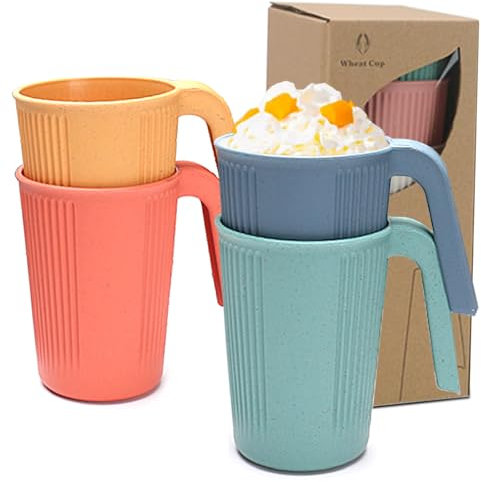 4 PCS Plastic Cups with Handles, Unbreakable Stackable Camping Mugs, Dishwasher and Microwave Safe, Ideal for Kids and Adults, Picnic and Outdoor Use