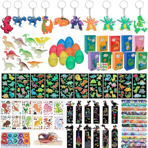 Dino Mitgebsel Gastgeschenke Kinder Deko Geschenke Mitbringsel Kindergeburtstag Jungen Party Geschenke Dinosaurier mit Schlüssel Stempel Lesezeichen Armband Geschenktüte Mini Figuren Tattoo Aufkleber