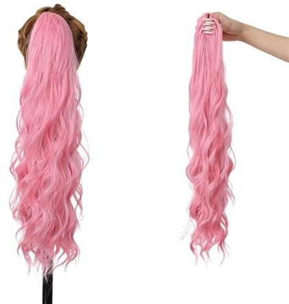 XXAD553TY Queue de Cheval résistante à la Chaleur, Extension de Queue de Cheval Longue ondulée à Griffe Rose, postiche synthétique colorée, Faux Cheveux Doux for fête Quotidienne(HMW1001-1)