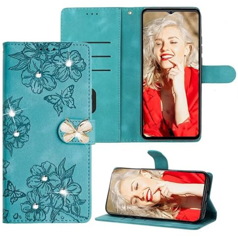 SEHEYA Klapphülle für Nokia 5.4 Glitzer 3D Schmetterling HandyHülle zum Klappen PU Leder Hülle Blumen Muster Schutzhülle Magnetisch Cover Wallet Case Grün