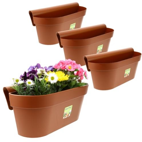 4X Geländerkasten Balkon mit Wasserspeicher Blumentopf Zaun Blumenkasten Geländer Balkontopf Balkonkasten Terracotta 49 x 21 x 23 (H) cm Außenbereich