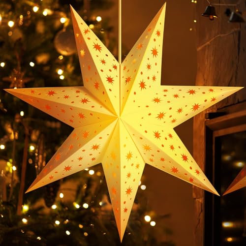 ZQEJEFD 45cm LED Papierstern Beleuchtet zum Aufhängen, Advents Leuchtstern Fenster mit Warmweiß E14 Lampe, 3D Stern Fenster, Weihnachtsdeko Innen Zum Aufhängen mit Beleuchtung - Weiß Papierstern