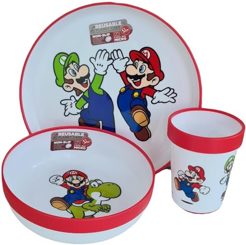Ensemble de vaisselle réutilisable pour enfants bicolore – Set composé de 3 pièces : assiette, bol et verre pour enfants et bébé avec base antidérapante – Sans BPA (pour MARIO)