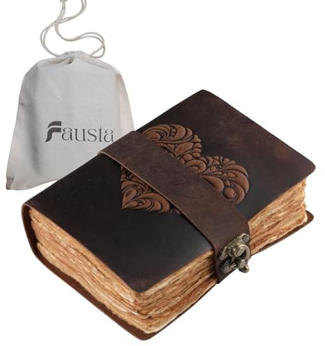 Fausta Heart Embossed Vintage Leather Journal with Brass Lock Belt, 240 Pages 7x 5| Deckle Edge Cotton Paper Travel Journal 150 GSM|Handmade Writing Notebook, Brown Sketchbook | Gift for Women & Men