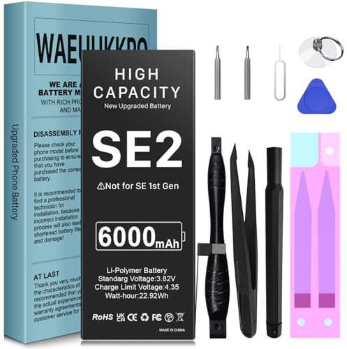 WAEUUKKPO Batterie pour iPhone SE 2020, Batterie améliorée d'une capacité de 6000mAh pour SE 2nd Gen, A2275 A2296 avec kit d'outils de Remplacement