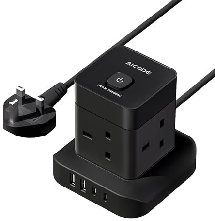 AICODE Cube Extension Lead with USB Slots,4 Way Extension Lead,2 USB C and 2 USB A Ports,2M Extension Cable,Overload Protected Extension Tower Black,Switch,Multi Plug Adapter Socket for Home,Office