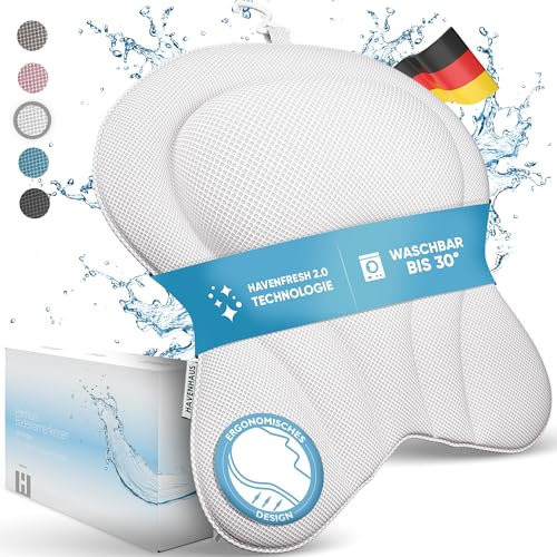 HAVENHAUS XXL Premium Badewannenkissen Weiss | NEU zusätzliche Polster an Schulter- & Nackenbereich | Badekissen für Badewanne schnelltrocknend, waschbar & 4X extra große Saugnäpfe | Kissen Badewanne