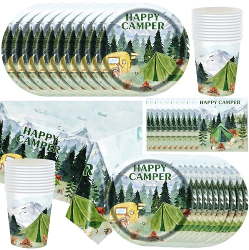 HAPPY CAMPER Camping-Partygeschirr – 9Speiseteller, Teller, Becher, Servietten, Tischdecke, für Camper, Lagerfeuer, Wald, Picknick, Abenteuer, Partyzubehör