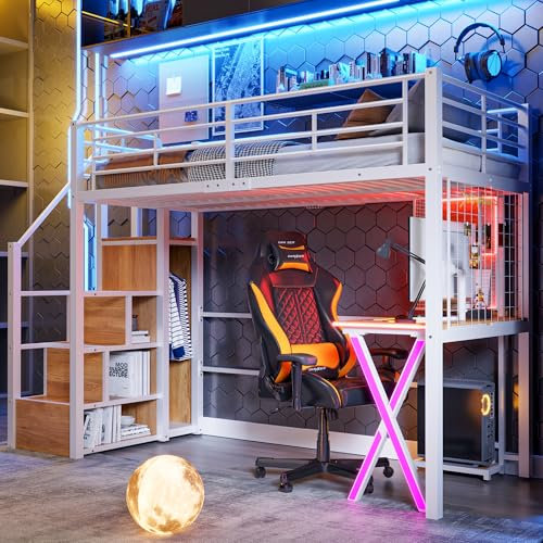 Hochbett Jugendbett 90x200, Kinderbett Etagenbett mit LED-Licht&Kleiderschrank&Ablageleiter&Schreibtisch&Regale, Metallbett Einzelbett Bettgestell mit Rausfallschutz&Lattenrost, Ohne Matratze, Weiß