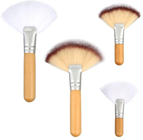 lasuroa 4pcs Pinceaux Éventails pour le Visage, Pinceaux de Maquillage Doux et Moelleux pour Blush Manche Long et Court en Bois Outil de Maquillage Esthéticienne
