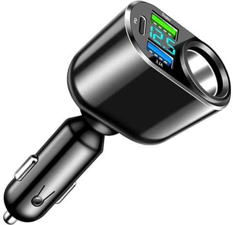 111W 4-in-1 Auto Ladegerät Zigarettenanzünder USB & Verteiler mit LED Voltmeter – 3 USB-Ports (90W PD, 66W QC3.0, 30W) Schnellladegerät Überhitzung für Auto, LKW, Camper (Schwarz)