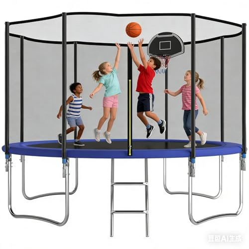 Outdoor Trampolin 305 cm / 366 cm, Komplettset Mit Sicherheitsnetz, Metallleiter Und Basketballkorb, Belastbar Für Kinder, Jugendliche Und Erwachsene