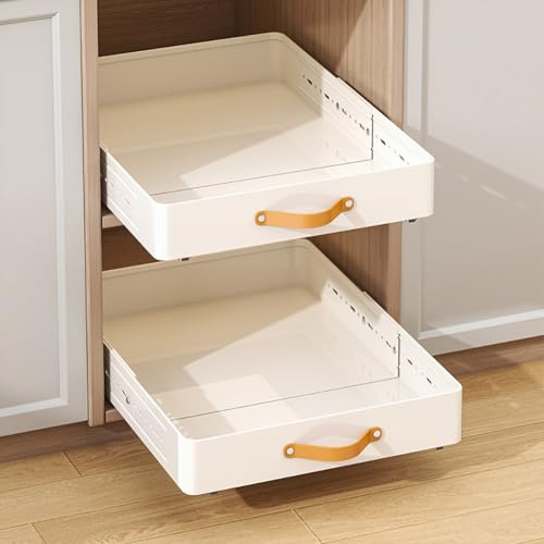 Teleskopschublade, Tiefe Einstellbar, 41-60CM Tief x 25CM Breite x 7.8CM Höhe, Metall Slide Out Organizer Mit Griff Kleber,Ausziehbare Schublade Küche Aufbewahrungsregale Für Die Küche Badezimmer,Weiß