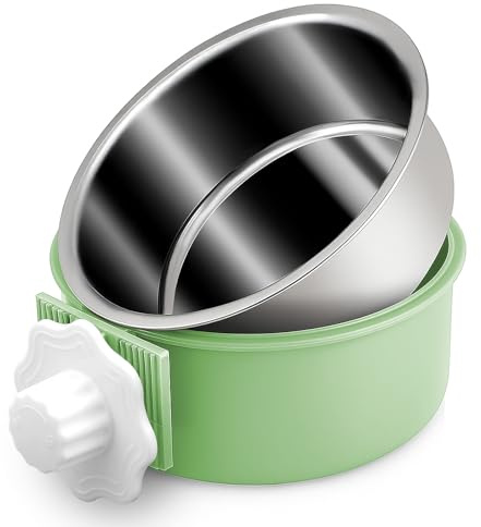 Joyoldelf 2-in-1 Dog Water Bowl, 13cm/5.1In 600ml Hanging Cage Dog Bowl, Removable Stainless Steel Dog Bowls with Plastic for Cats and Dogs and other Small Animals (Green)
