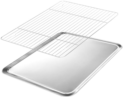 VINATO Bandeja Horno con Rejilla Acero Inoxidable - Set Bandeja Horno Universal 31x24 cm & Rejilla Enfriamiento, Bandejas Horno Inox, Fuente Para Horno, Lavavajillas