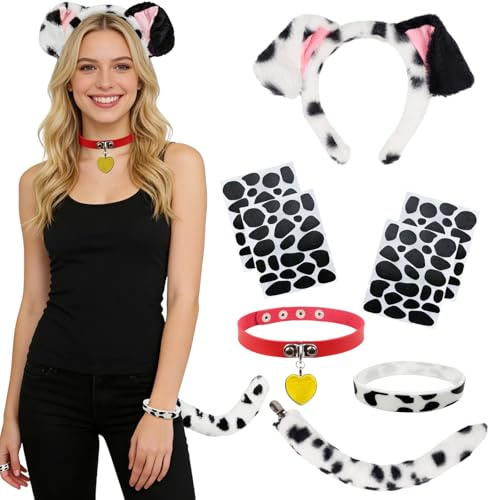 5 Stück Dalmatiner Kostümset für Erwachsene, Hundeohren-Haarreif, Halskette, Schwanzarmband und Aufklebern, ideal für Halloween, Karneval, Cosplay, Welttag des Buches und andere Verkleidungspartys.