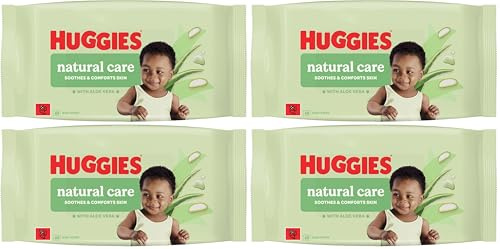Huggies Natural Care Baby Wipes - Single Pack (48 Wipes) – Plastic Free Wet Wipes with Aloe Vera & Vitamin E, Hypoallergenic, Comfort and Soothe Baby's Delicate Skin (Pack of 4)