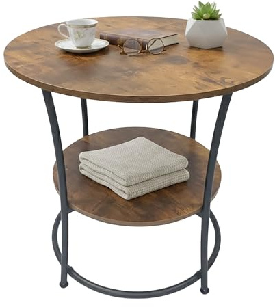 Relaxdays Beistelltisch, 2 Ablagen, HxD: 55x55 cm, Holzoptik & Metall, Sofatisch, runder Couchtisch, Dunkelbraun/schwarz