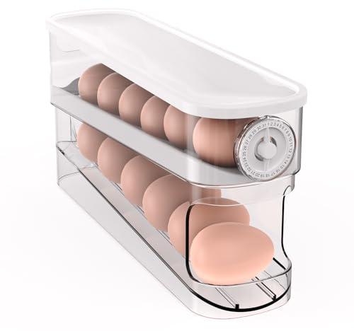 Haipky Space-Saving Rolling Egg Holder for Refrigerator, 12-Large Egg Capacity, Clear PET Dispenser with Lid and Date Timer, Sturdy and Durable, Easy Access, Side-door Fridge Organizer