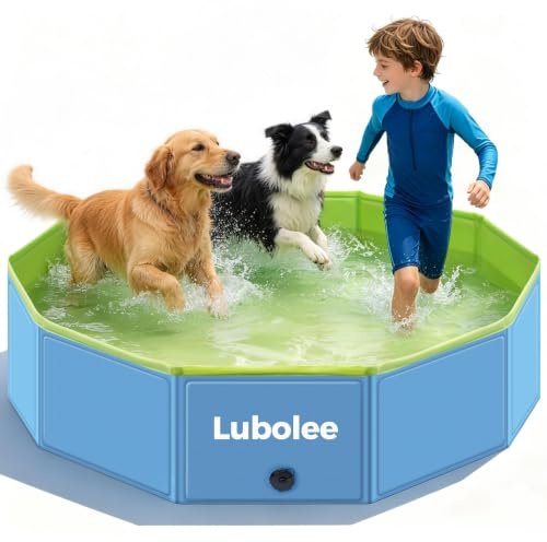 Lubolee Piscina Plegable para Perros, Piscina Perros Grandes Antiarañazos de PVC con Doble Pared, Piscina Portátil Perros & Niños con Sistema de Drenaje para Jardín, Camping, Playa y Verano (120x30cm)
