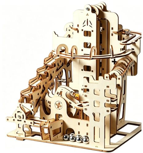3D Holzpuzzle, Mechanisches 3D-Kugelbahn-STEM-Puzzle aus Holz mit Handkurbel und Spiralrutsche for Erwachsene