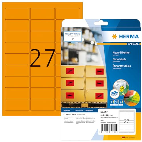 HERMA Self Adhesive Coloured Labels, 27 Labels per A4 Sheet, 20 Sheets, 63.5 x 29.6 mm, 540 Labels, Blank Colour Labels Stickers, Sticky Labels for Laser & Inkjet Printer, Neon Orange