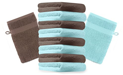 Betz 10 Stück Waschhandschuhe Premium 100% Baumwolle Waschlappen Set 16x21 cm Farbe nussbraun und türkis