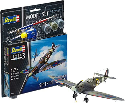 Revell Model Set 63953 Spitfire Mk.IIa 1:72 Scale Unbuilt/Unpainted Plastic Model Kit with Contacta Professional Glue, Paintbrush & Selected Aqua Color Paints