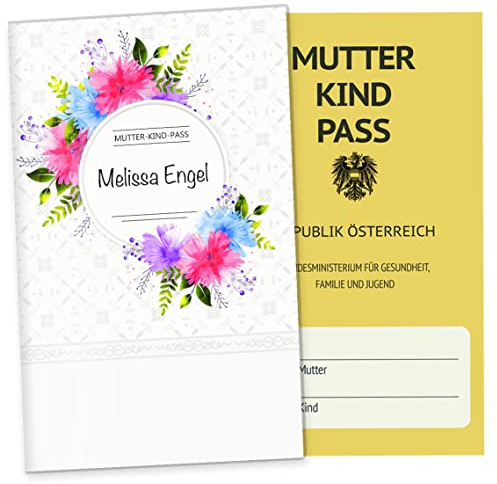 OLGS Mutter-Kind-Passhülle Österreich 3-teilig personalisiert Blumenkranz Schwangerschaft Geschenkidee Schutzhülle für den MuKipass (MuKi-Pass Österreich personalisiert, Chrysanthemen)