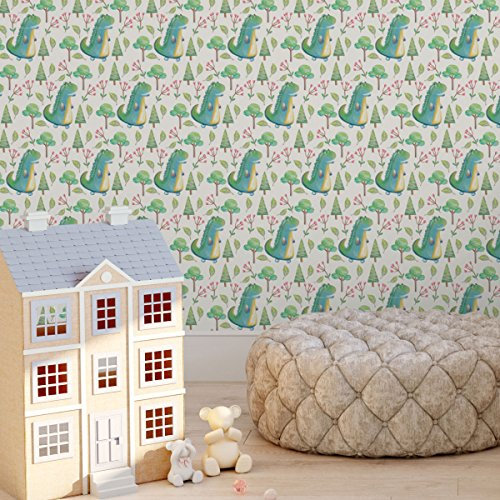 lustige Kinder Tapete mit kleinen Drachen im Zauberwald auf beige angepasst an Farrow and Ball Farben- Vlies Tapete Figuren - Kinderzimmer GMM Design Wandtapete (Muster 20 x 46,5cm)