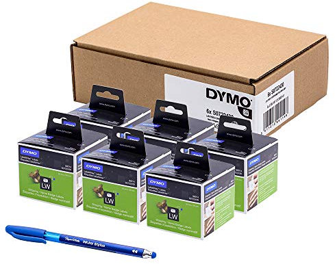 6 x Dymo S0722430 Original LabelWriter etiketten/Namensschilder, groß, 101 x 54 mm, Rolle mit 220 Stück, Weiß + PaperMate Stift Geschenk
