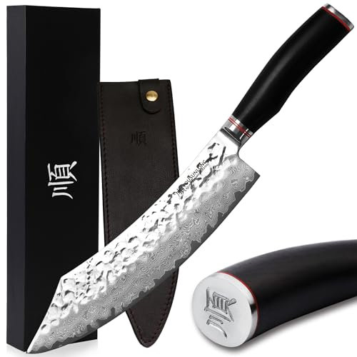 YOUSUNLONG Couteaux de rupture 10 pouces Pro Butcher's Knives Japonais VG10 Martelé Damas Acier Ébène Naturel Manche en bois avec étui en cuir