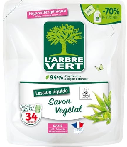 L'Arbre Vert Recharge Lessive Ecolabel Savon Végétal - Hypoallergénique - 34 Lavages - 94% d'ingrédients d'origine naturelle - 1,53L
