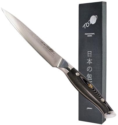 Totiko Coltello Professionale in Acciaio Damasco, Coltello da Cucina Professionale Giapponese da Bistecca, Utility da Carne, Lama da 12,5cm, Yoshinaka Damascato, Manico in resina G-10 Japan Knives