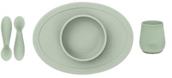 EZPZ - Set Pappa avec plaque ventouse, verre et paire de cuillères + 4 mois - Baltique