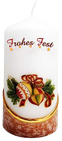 Meissner-Handel Auswahl Motiv, Weihnachtskerze 'Frohes Fest' ca. 6 x 12 cm, farbig getaucht, mit farbigen Wachs- und Bildauflagen * (Motiv 034)